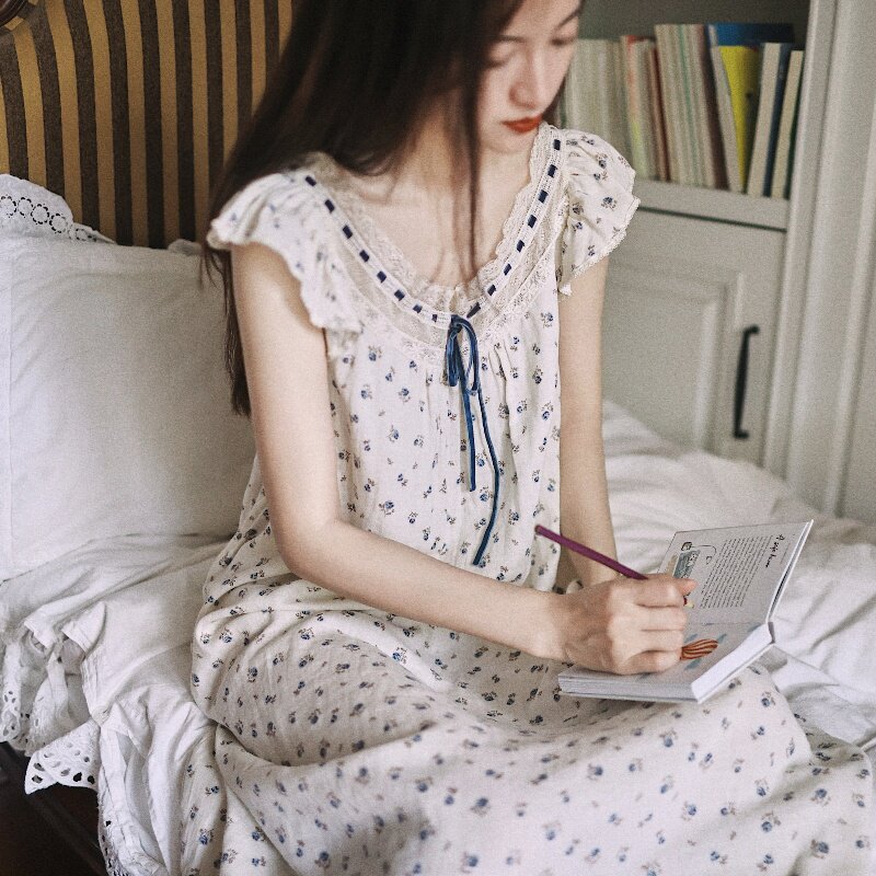 A类全棉双层纱睡裙·法式睡裙无袖女款棉纱睡衣家居服·仲夏玫瑰