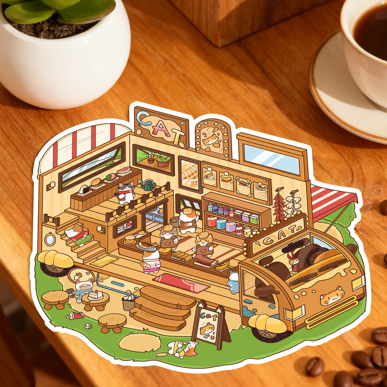 猫猫餐车造景贴纸3D立体微缩场景贴画手工DIY解压玩具贴画