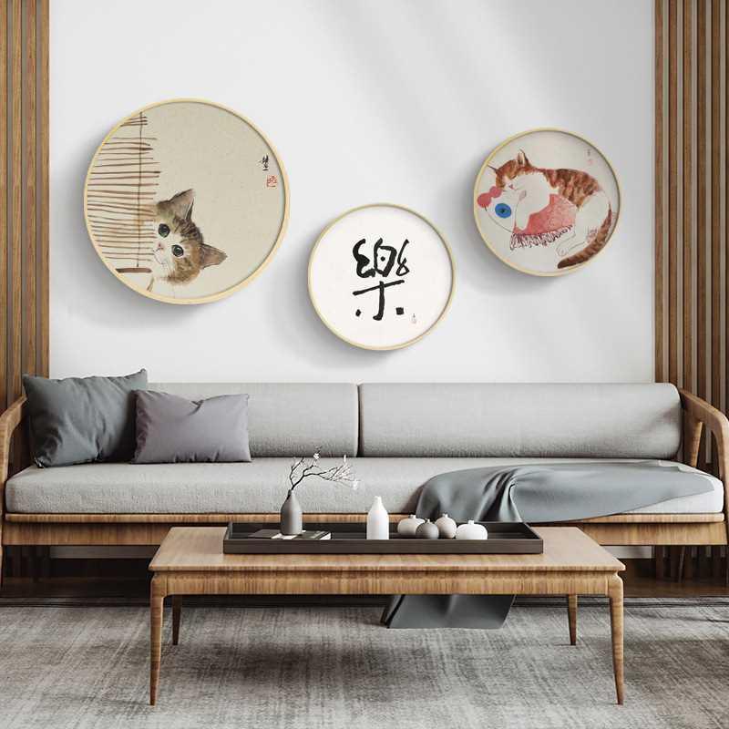 日式原木风客厅装饰画圆形猫咪挂画北欧餐厅玄关过道走廊晶瓷壁画图片