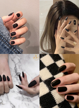穿戴甲纯色黑色甜酷辣妹单色圆头短款方头美甲贴片成品假指甲学生