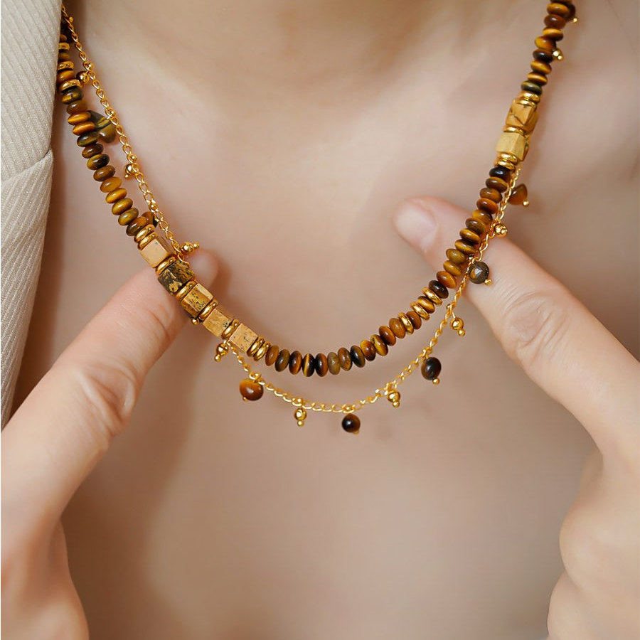 jojo|南非图画石天然虎眼石串珠玫瑰吊坠金珠虎眼石项链锁骨链