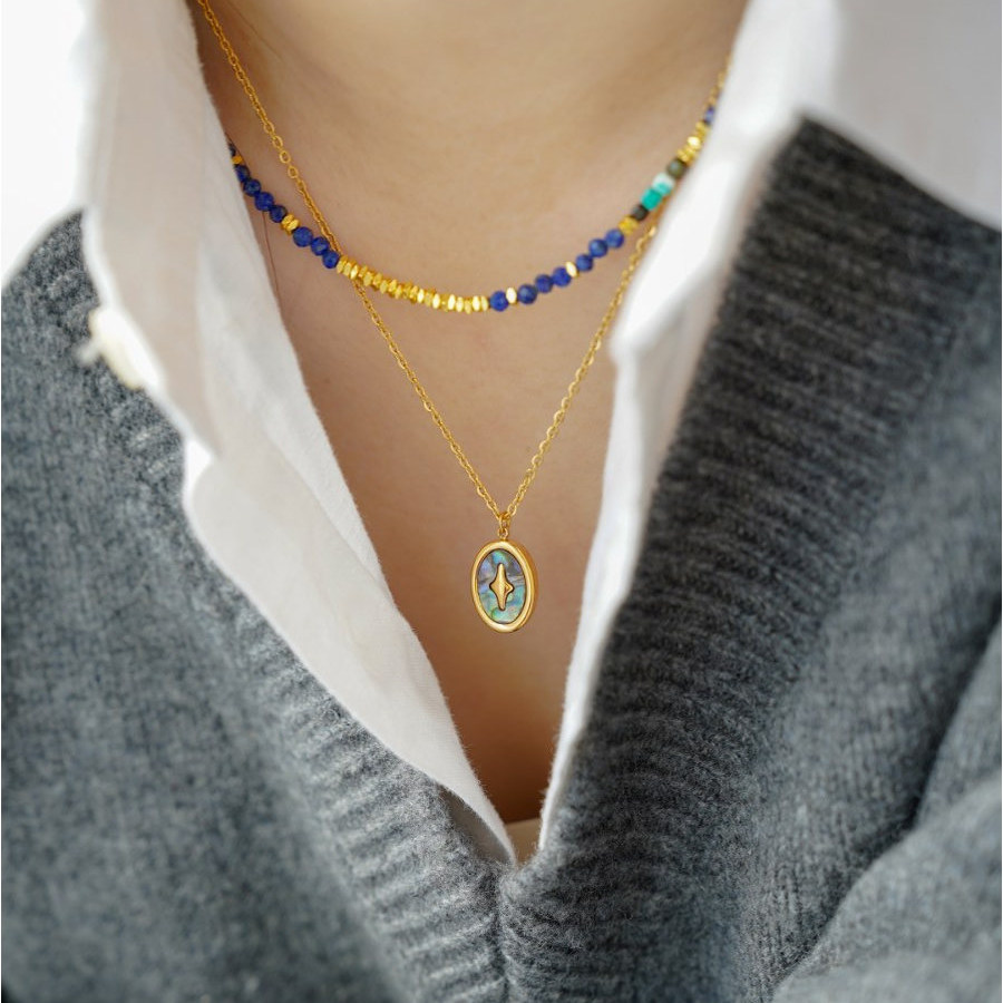 JoJo｜设计师款克莱因蓝天然石松石碎金子四芒星串珠项链锁骨链
