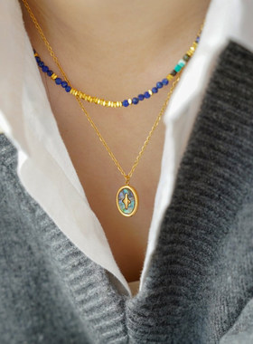 JoJo｜设计师款克莱因蓝天然石松石碎金子四芒星串珠项链锁骨链
