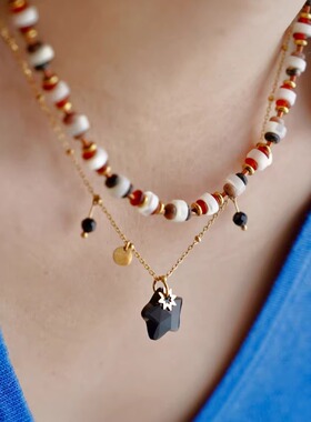 JoJo｜设计师款五角星黑玛瑙虎眼石天河石星星流苏吊坠项链