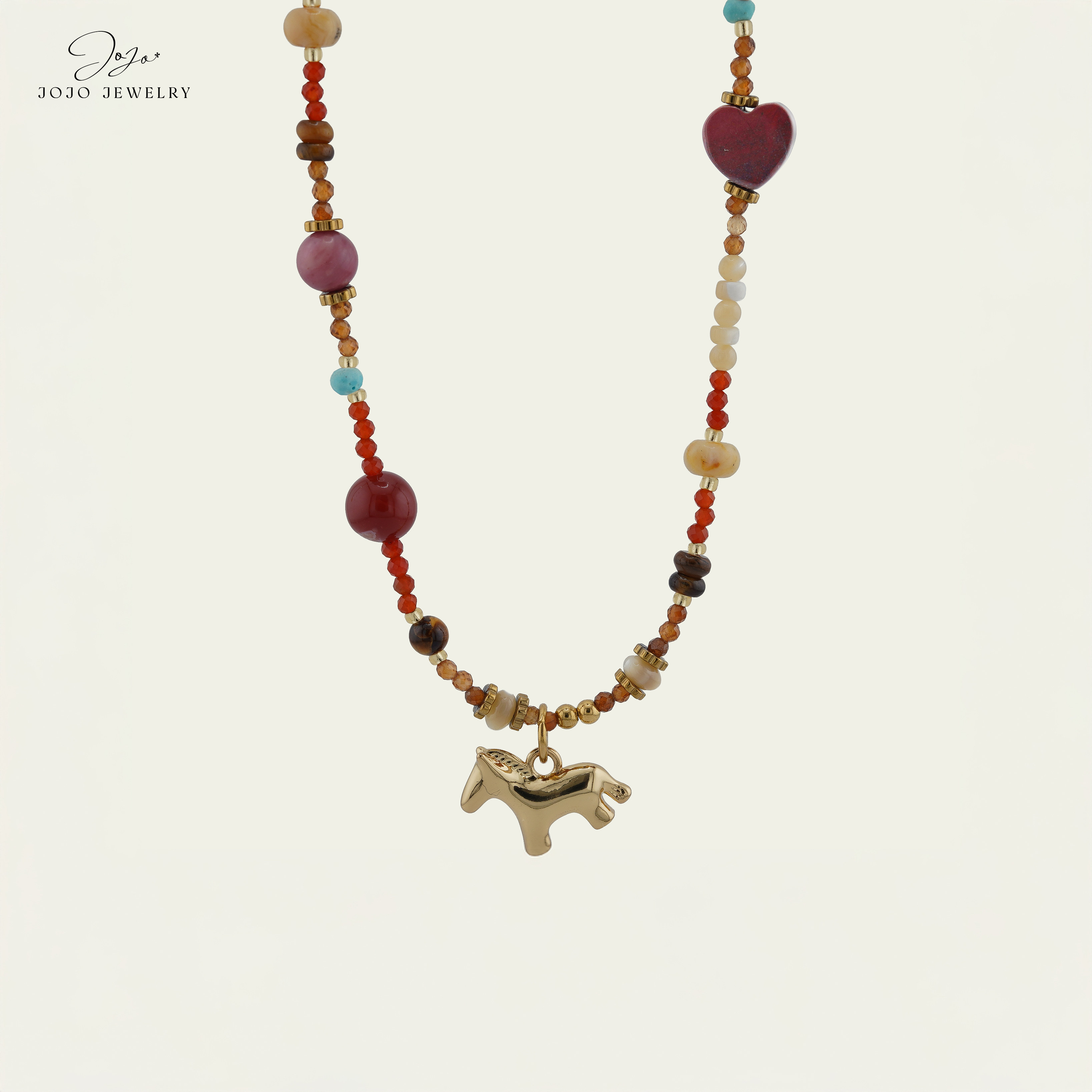 JoJo｜设计师款复古玛瑙红红石虎眼石松石多宝金属小马项链毛衣链