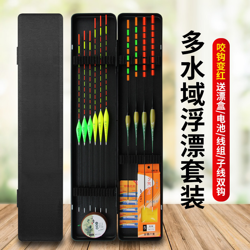 6支醒目日用鱼漂+4支咬钩变色夜光漂送电池成品线组子线双钩漂盒