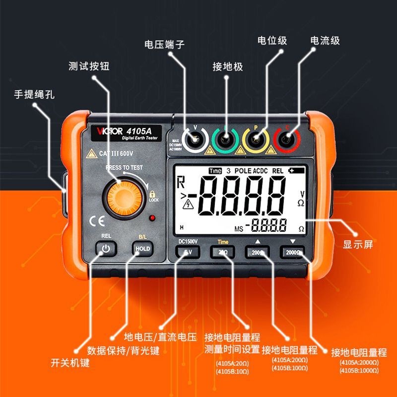 。胜利接地电阻测试仪VC4105A/B数I字接地摇表防雷检测试仪表高精