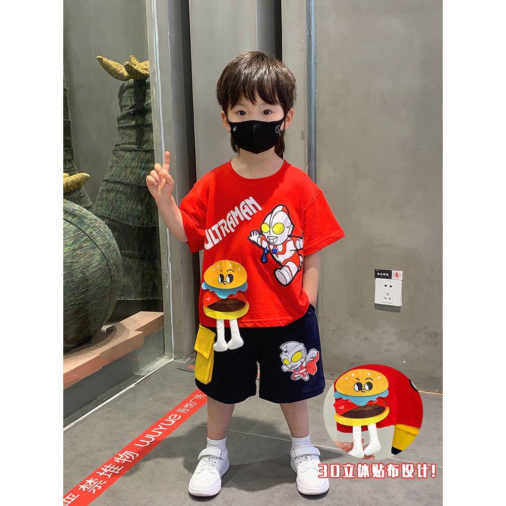 香港jo男童夏季短袖套装新款奥特曼衣服宝宝薄款短裤儿童装两件套
