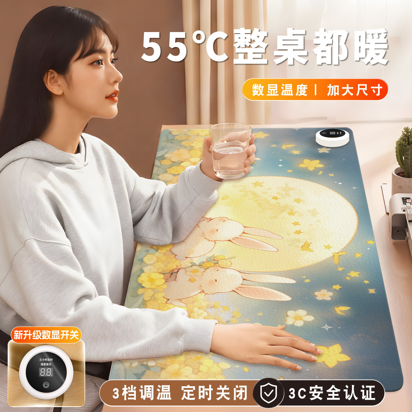 加热鼠标垫超大暖桌垫电脑桌面发热键盘垫女生高颜值办公室左侧开关工位皮革加热垫软垫子写字写作业电热桌垫