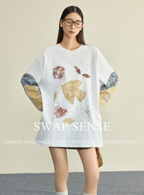 SWAP SENSE晴窗格序·复古休闲趣味印花拼接撞色格纹设计感上衣女