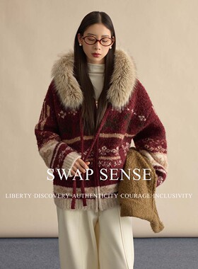 SWAP SENSE炉边织诗·复古休闲费尔岛红色针织毛领连帽新年外套