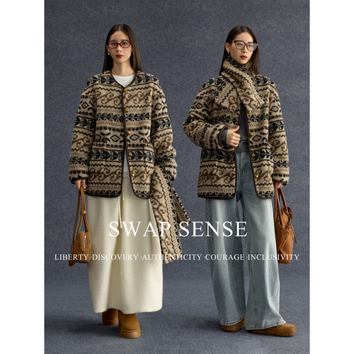 SWAP SENSE思绒手札· 复古休闲费尔岛花纹围脖羊羔绒外套冬季