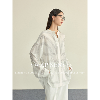 SWAP SENSE逸风织影·复古松弛感绳索定位印花设计感廓形长袖衬衫