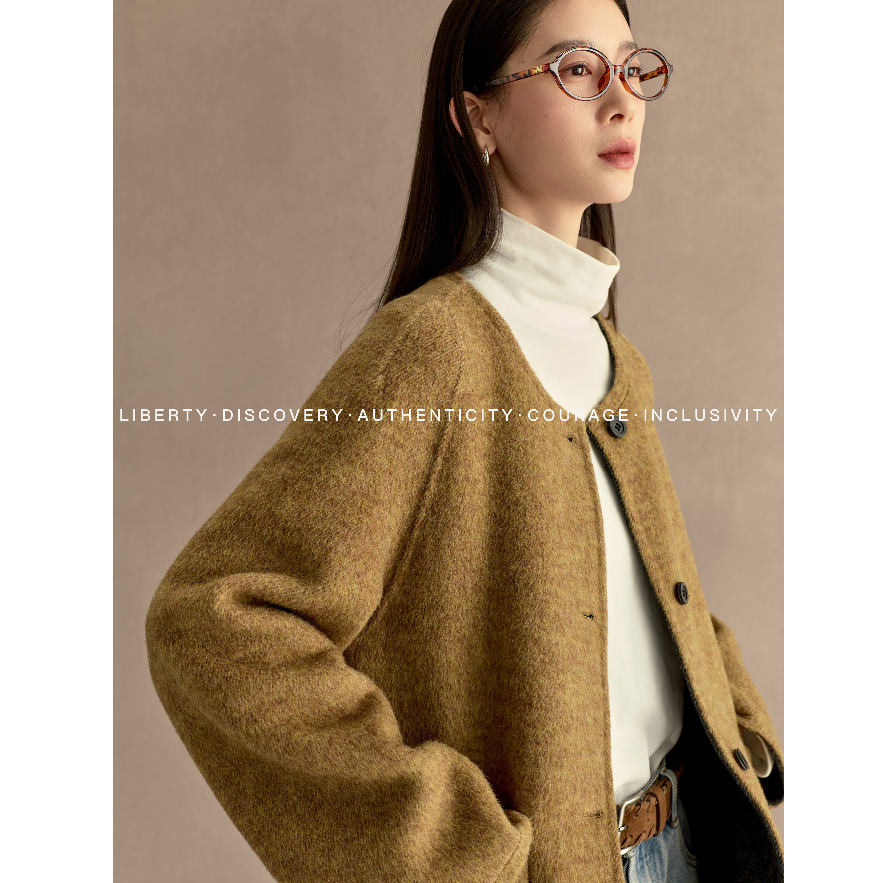 SWAP SENSE·驼影絮语两面穿圆领单排扣羊绒大衣毛呢外套女冬季