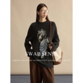SWAP SENSE灰绒漫语·复古休闲松弛干圆领廓形针织黑色毛衣女冬季