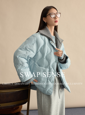 SWAP SENSE暖境蓝漪·复古休闲针织翻领蓝色廓形棉衣棉服外套冬季