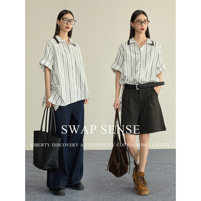 SWAP SENSE浮游影迹·复古条纹中袖侧面系带设计廓形休闲衬衫新款
