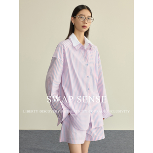 SWAP SENSE粉蓝序曲·复古粉蓝撞色条纹拼接假两件衬衫短裤两件套