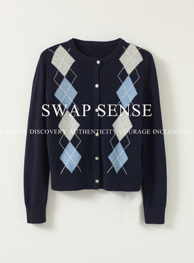 SWAP SENSE· 复古休闲蓝色撞色菱格提花排扣正肩圆领毛织开衫