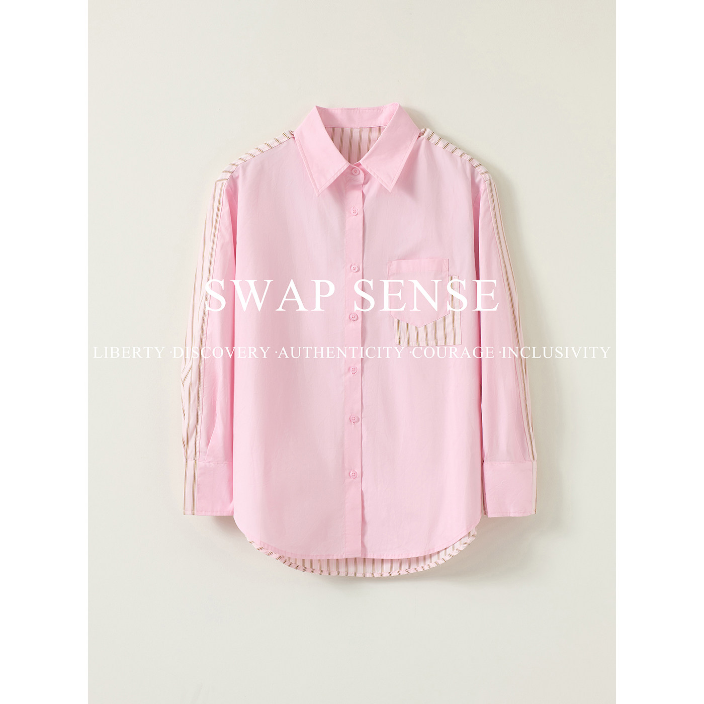 SWAP SENSE粉序扣叙·复古休闲粉色拼接翻领衬衫上衣2026早春新款,女装/女士精品,短外套,淘宝优惠券,粉丝福利购,淘宝优惠卷