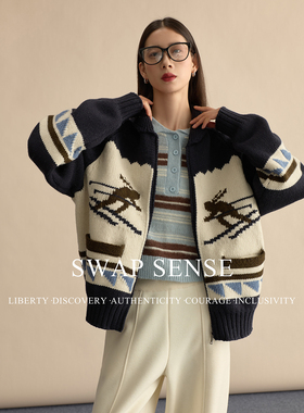 SWAP SENSE菱格漫叙·休闲复古宽松拉链粗针织毛衣拉链外套女冬季