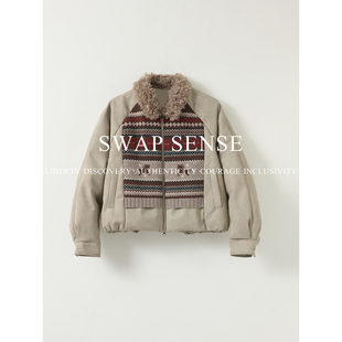 SWAP SENSE· 复古休闲费尔岛拼接毛绒翻领外套绗线棉衣棉服冬