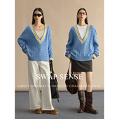 新款 SWAP SENSE碧穹絮语·复古休闲撞色V领廓形针织毛衣2026春季