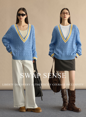 SWAP SENSE碧穹絮语·复古休闲撞色V领廓形针织毛衣2026春季新款