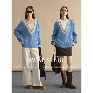 SWAP SENSE碧穹絮语·复古休闲撞色V领廓形针织毛衣2026春季新款