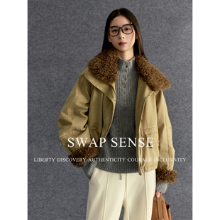 SWAP SENSE暖境·巴恩风工装复古羊羔毛领宽松落肩卡其色羽绒服冬