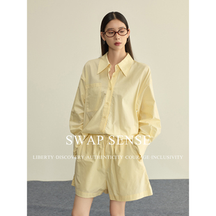 SWAP SENSE煦光絮语·复古休闲马卡龙黄色廓形衬衫抽绳短裤两件套