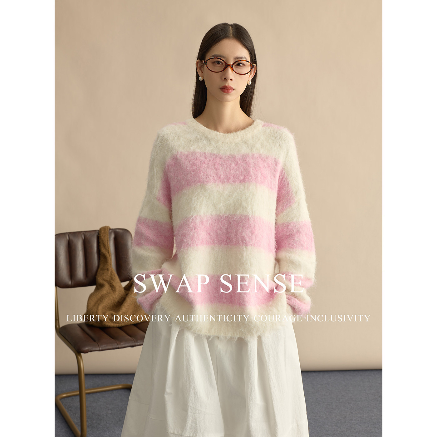 SWAP SENSE甜梦织境·2026年新款复古慵懒风圆领撞色条纹软糯毛衣,女装/女士精品,毛针织衫,淘宝优惠券,粉丝福利购,淘宝优惠卷