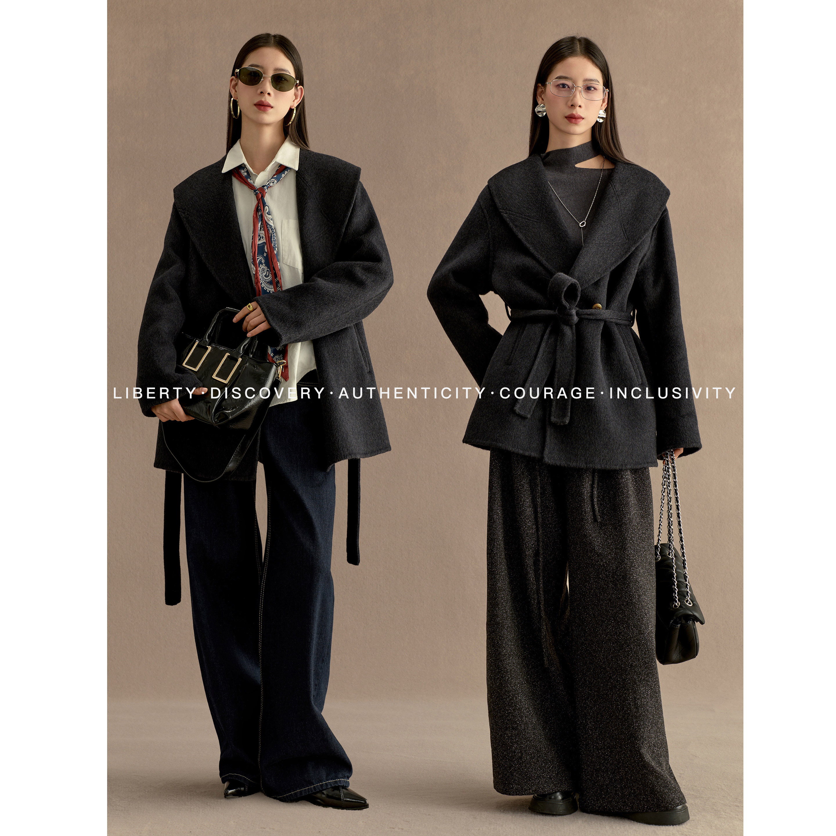 SWAP SENSE墨影叠襟· 大翻领双面羊绒大衣收腰短款毛呢外套冬