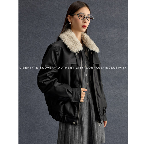 SWAP SENSE墨影绒逸· 复古舒适毛领拼接皮质棉衣棉衣外套冬季