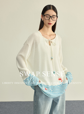 SWAP SENSE海境絮语·复古钉珠小鱼设计感串珠系带休闲罩衫上衣女