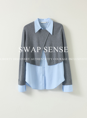 SWAP SENSE屿序织漪·复古撞色廓形简约设计感针织假两件休闲衬衫