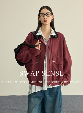 SWAP SENSE暮染拼织·复古安可拉红色巴恩风撞色拼接设计廓形夹克