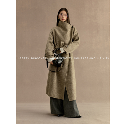 SWAP SENSE风骨剪影·经典立领斗篷收腰系带中长款双面羊绒大衣冬