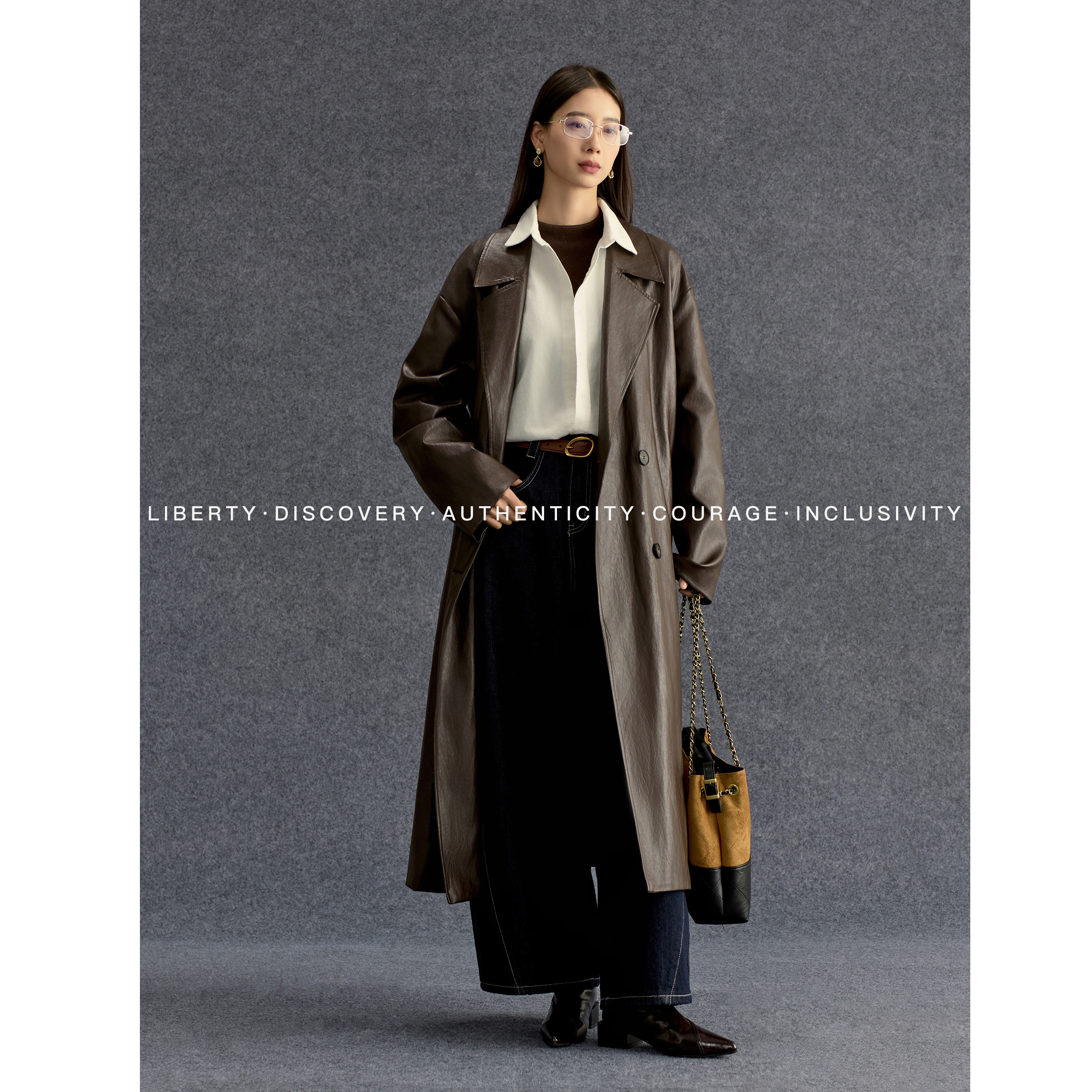 SWAP SENSE·暮色柔曲深棕复古做旧极简皮衣外套褶皱长款皮风衣冬