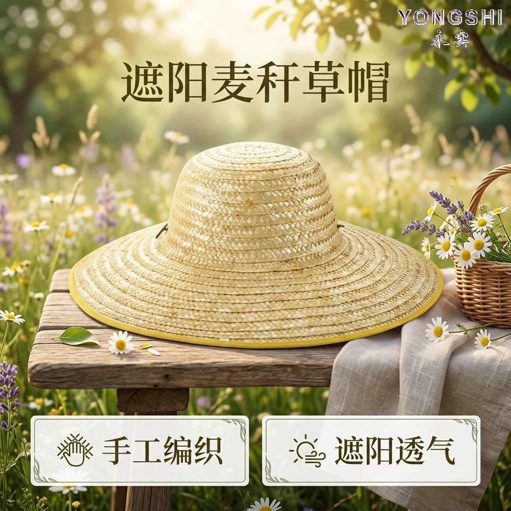 大帽簷麦秆草帽夏季农民草帽手工草编遮阳防嗮男女农村农用钓鱼