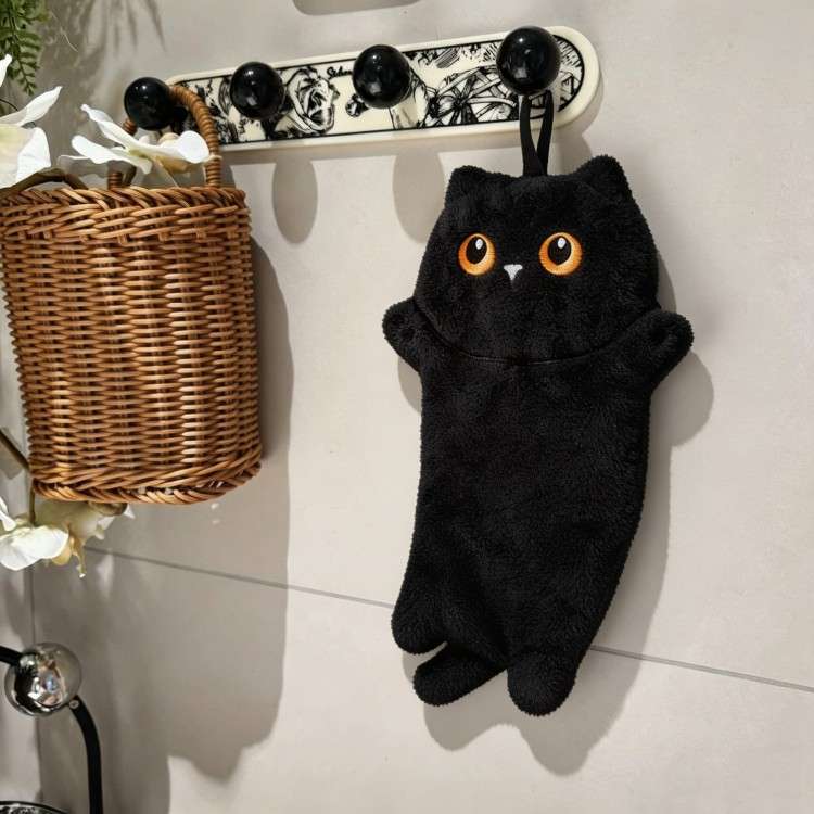 可爱卡通猫咪擦手巾挂式加厚珊瑚绒吸水浴室挂巾厨房抹布儿童手帕
