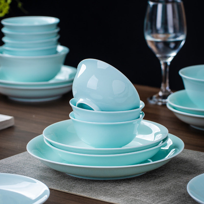 景德镇釉下彩高温影青青瓷碗盘套装家用青釉碗碟陶瓷餐具乔迁白瓷