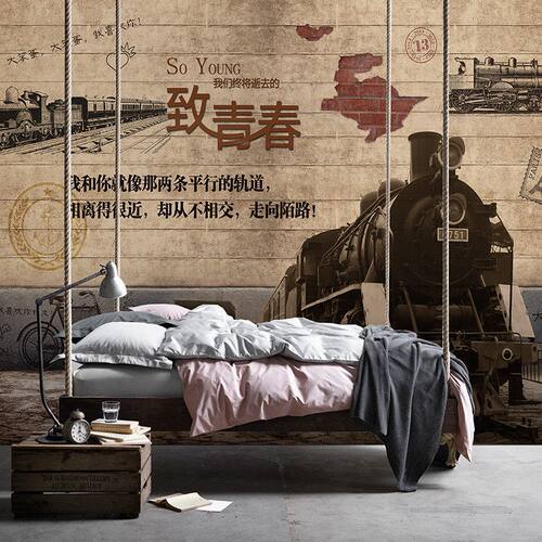 8D复古老火车头背景墙纸酒吧餐厅奶茶咖啡店工装壁纸做旧墙布