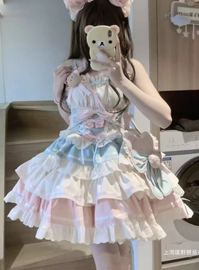 桔梗house初恋小熊少女小偶像感薄巧杏粉小熊主题轻纯欲蓬蓬裙