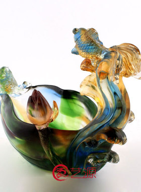 琉璃聚宝盆鱼摆件送客户朋v友同事闺蜜结婚客厅办公桌风水乔迁开