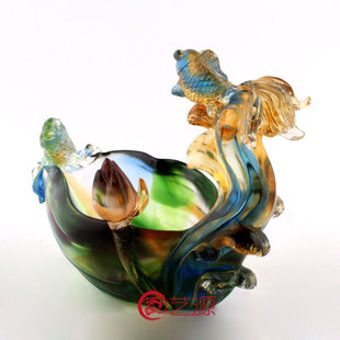 琉璃聚宝盆鱼摆件送客户朋v友同事闺蜜结婚客厅办公桌风水乔迁开