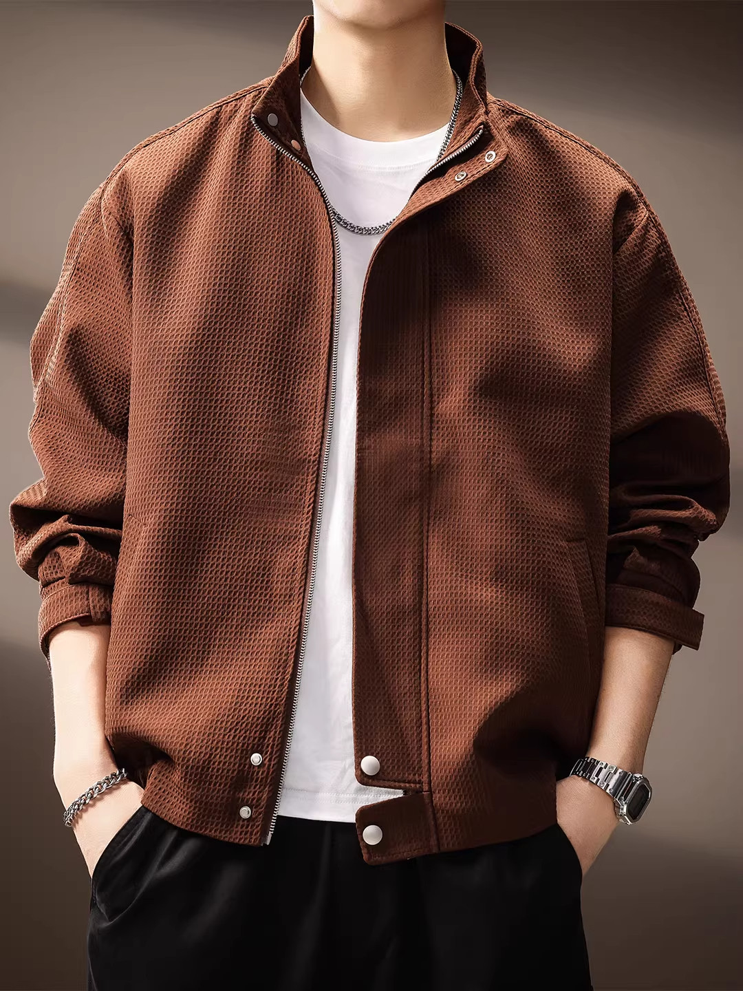 意大利高端华夫格立领夹克男士春秋季2025新款潮牌宽松休闲外套男