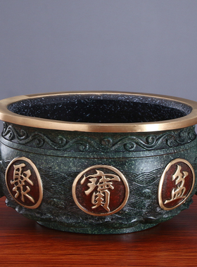 聚宝盆摆件招财聚财纯铜新款加z厚高温铜彩盆客厅办公室风水物摆