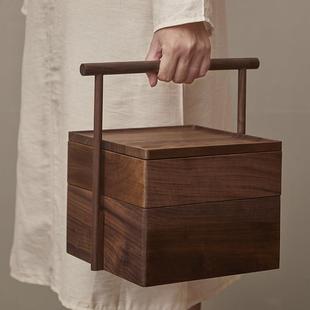 黑胡桃实木手提盒户外便携食盒新中式茶盒茶具茶道点心收纳盒多层