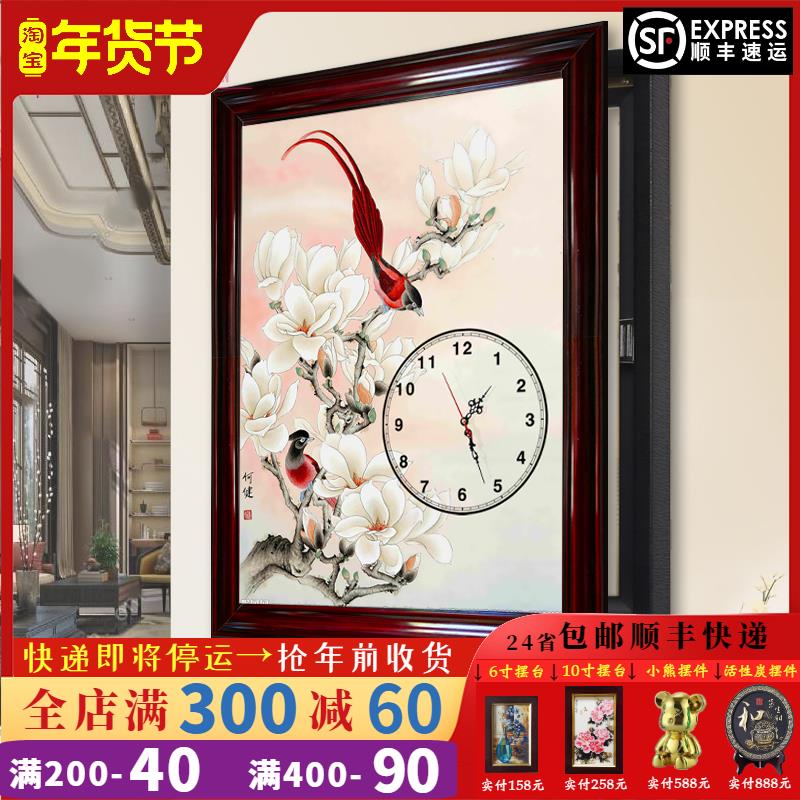 电表箱遮挡装饰画 配电箱客厅中国画 侧开免打孔实木框带钟表壁画